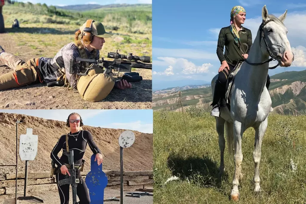 Valentina "Bullet" Shevchenko shooting and riding horses