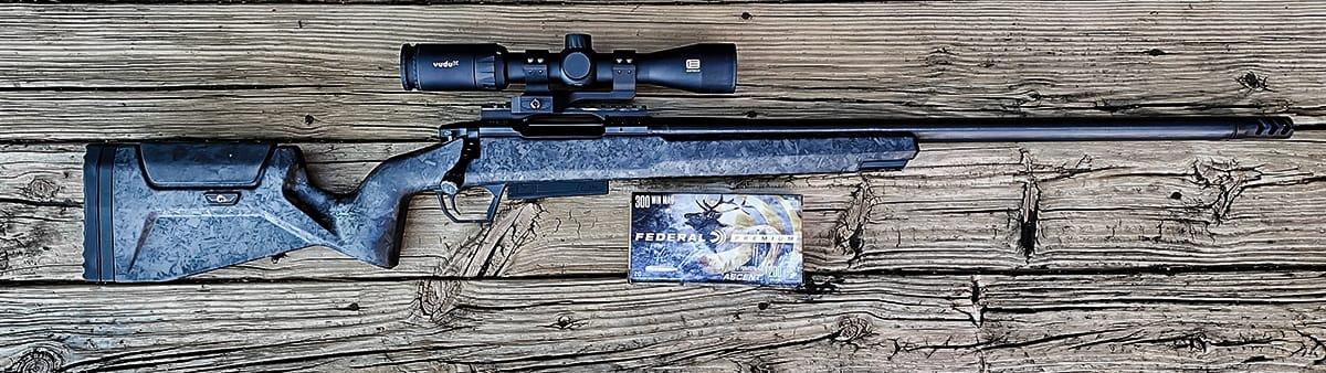 A Modern Carbon Rifle (MCR) from Christensen Arms in .300 Win Mag and Federal Terminal Ascent ammo.